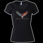 E15828 SHIRT-LADIES-STINGRAY FLAG RHINESTONE-SCOOP NECK-100% COTTON-BLACK