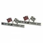 E6357 EMBLEM SET-FRONT SIDE FENDER CROSSED FLAGS 427 TURBO JET-USA-PAIR-DISCONTINUED-66