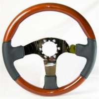 E13432 WHEEL-STEERING-BLACK LEATHER-MAHOGANY-POLISHED 3 SPOKE-WITH TILT AND TELE-EXC 76-69-82