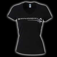 E15813 SHIRT-LADIES-JUNIORS-C7 STINGRAY METALLIC V-NECK-100% COTTON-BLACK