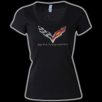 E15828 SHIRT-LADIES-STINGRAY FLAG RHINESTONE-SCOOP NECK-100% COTTON-BLACK