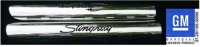 E20799 SHIELD-SIDE EXHAUST-POLISHED STAINLESS STEEL-WITH STINGRAY LOGO- PAIR-63-82